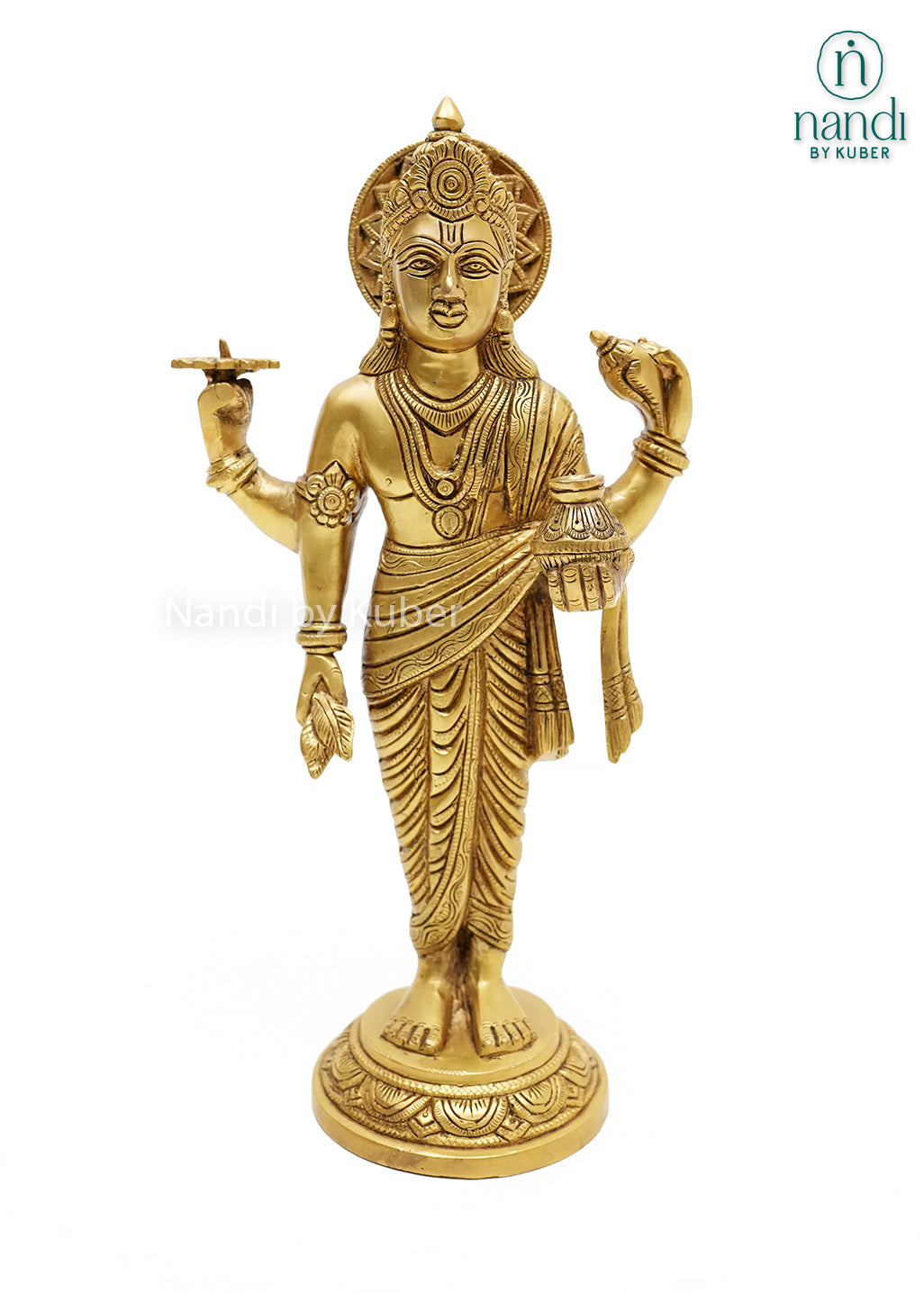 Handcrafted brass Dhanvantari idol with ornate gold finish, detailed robes, sacred symbols, and amrita kalash, ideal for pooja rooms, Ayurvedic healing spaces, temples, and spiritual home décor.