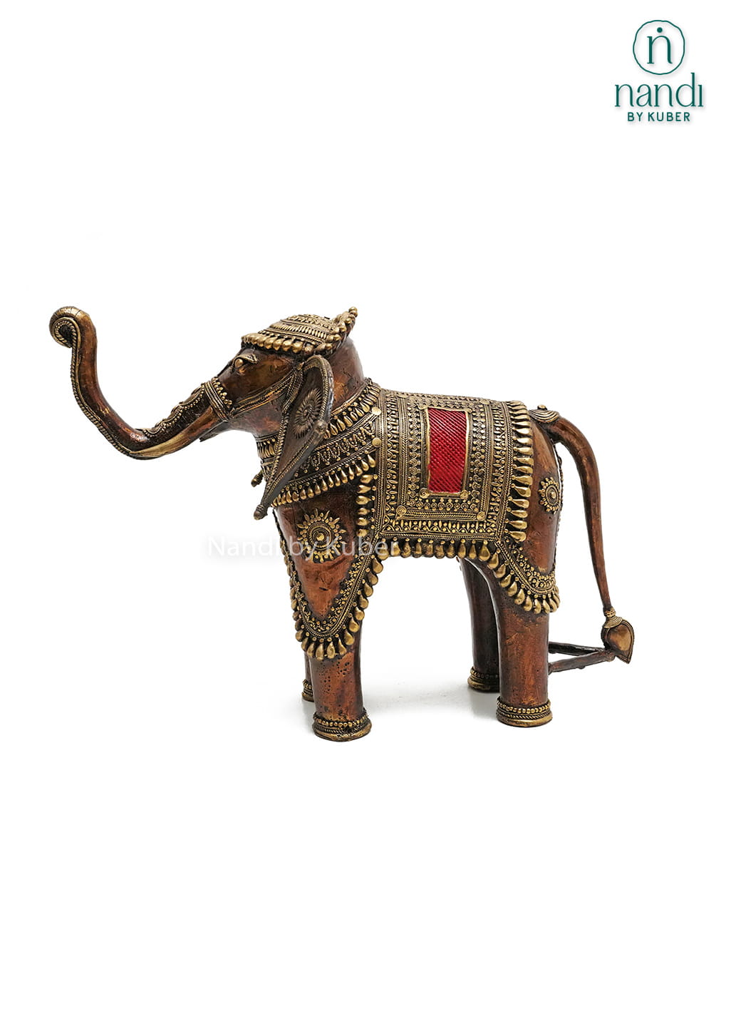 Decorative brass elephant statue with ornate detailing and enamel accents, symbolizing wisdom, strength, prosperity, and good fortune.