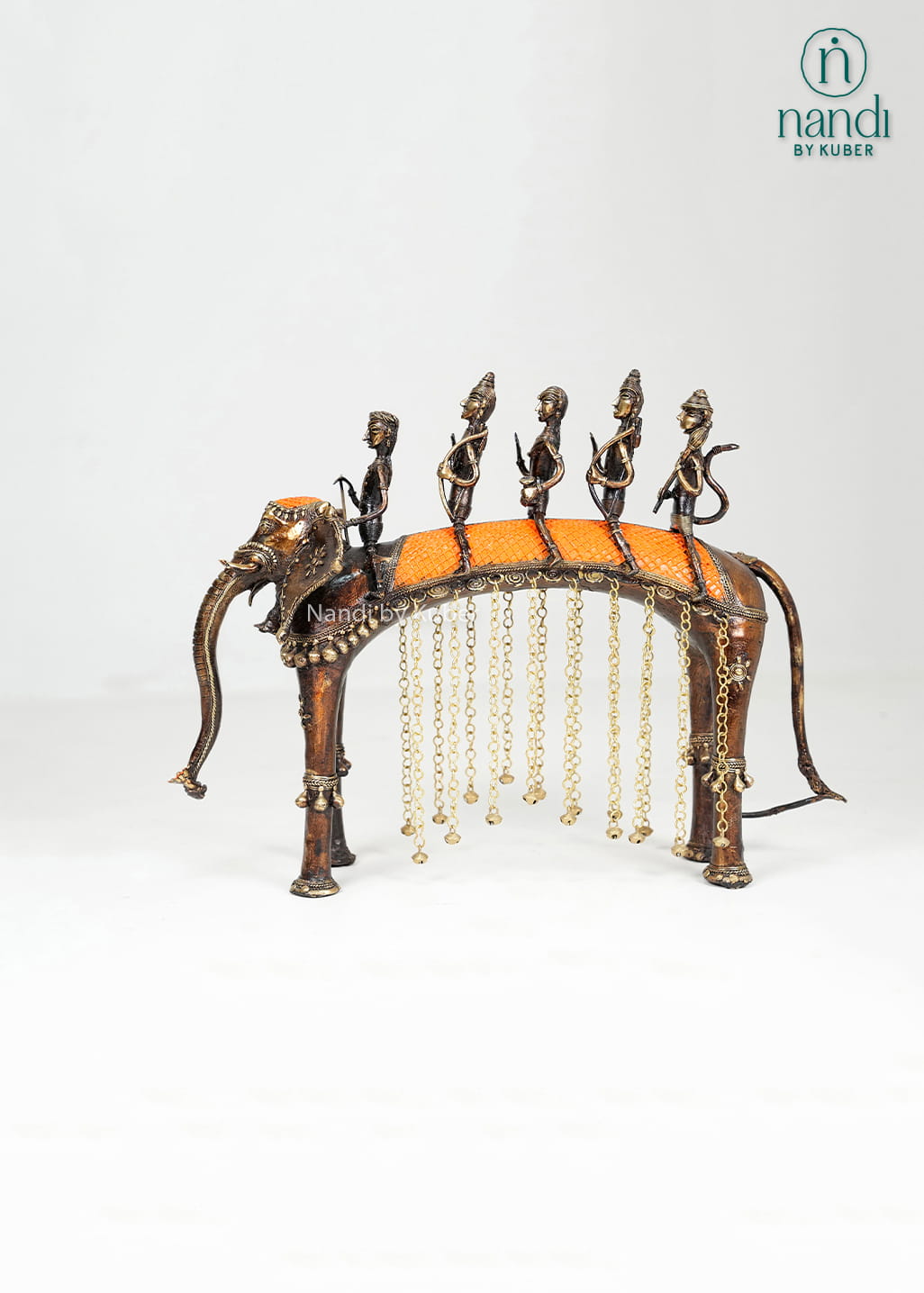 Brass elephant Ramayana figurines and hanging bead details
