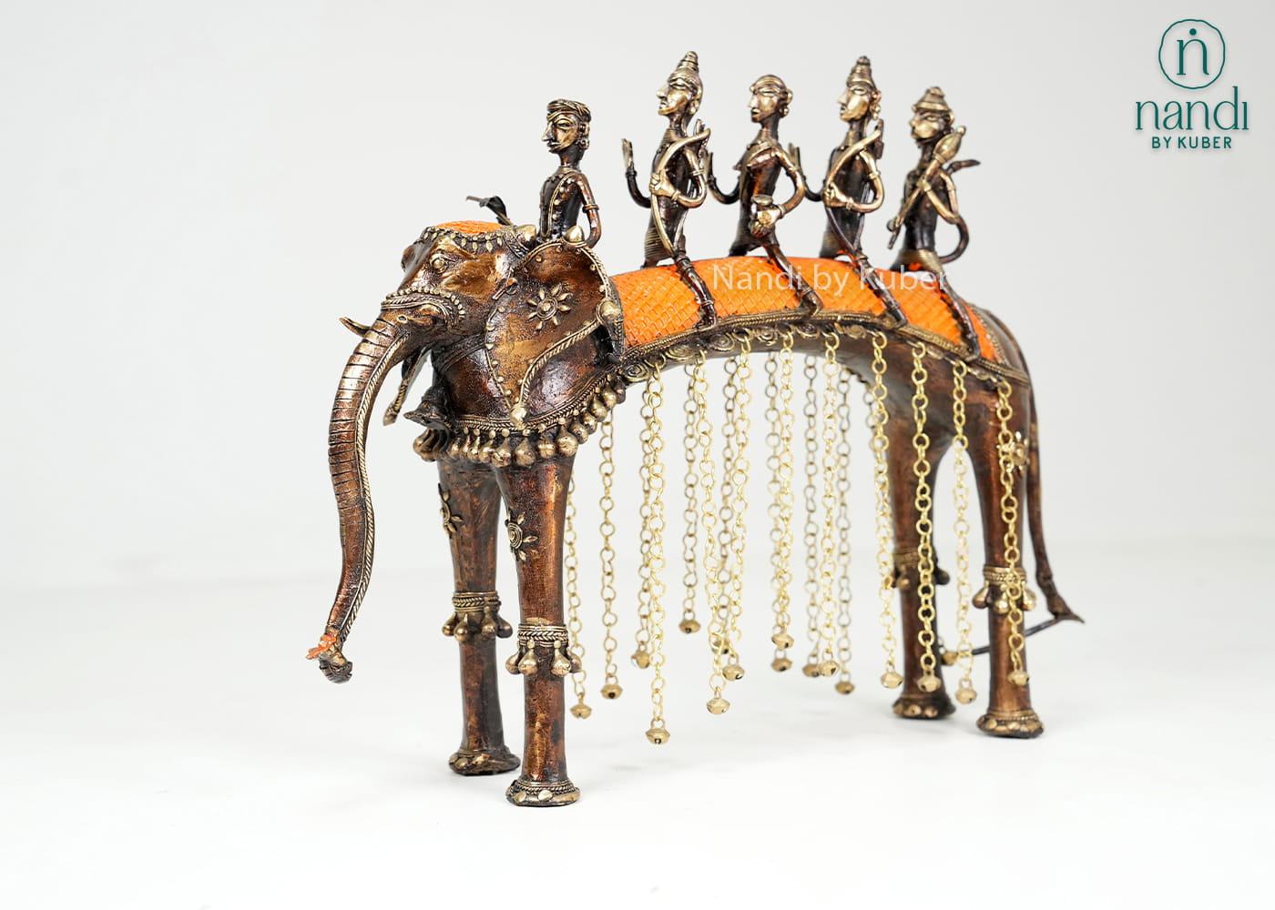 Brass elephant Ramayana figurines and hanging bead details