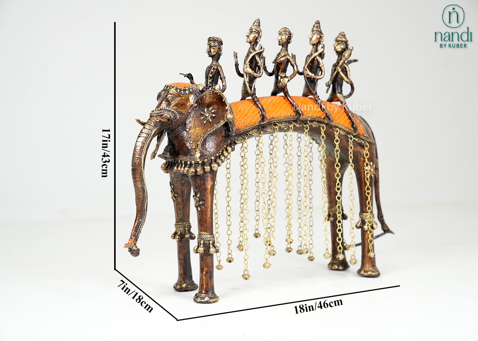 Brass elephant Ramayana figurines and hanging bead details