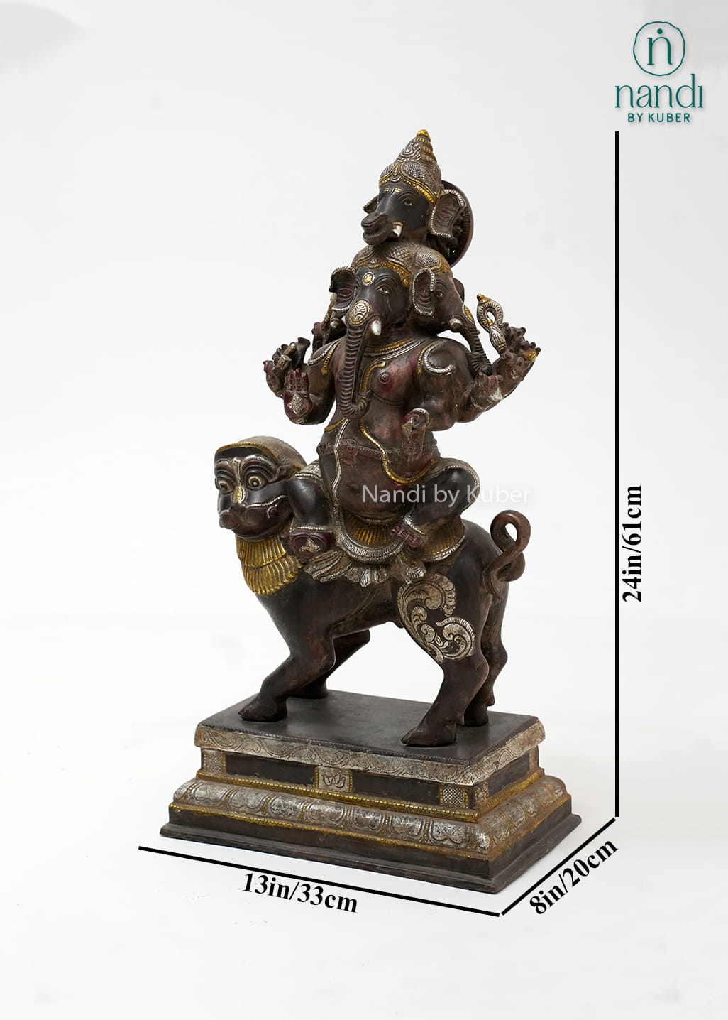 Antique-finish brass Panchamukhi Ganesha statue with five faces, seated on a lion mount and crafted with intricate traditional detailing.
