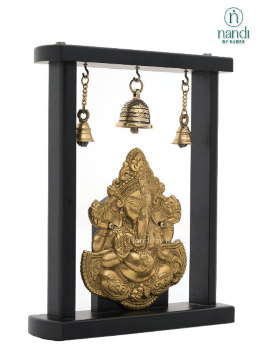 Brass Ganesha idol with hanging bells on a black wooden stand