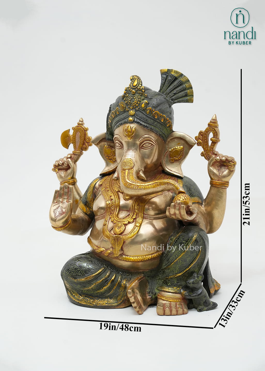 Decorative brass Lord Ganesha statue with a royal pagdi design, intricate detailing, and an elegant antique finish symbolizing wisdom, prosperity, and good fortune.