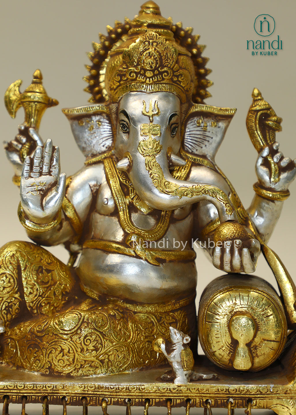 Brass reclining Ganesha idol handcrafted Lord Ganesh statue for home temple, puja room décor, spiritual gifting, Vastu decoration, Hindu religious collectible, and festive worship.