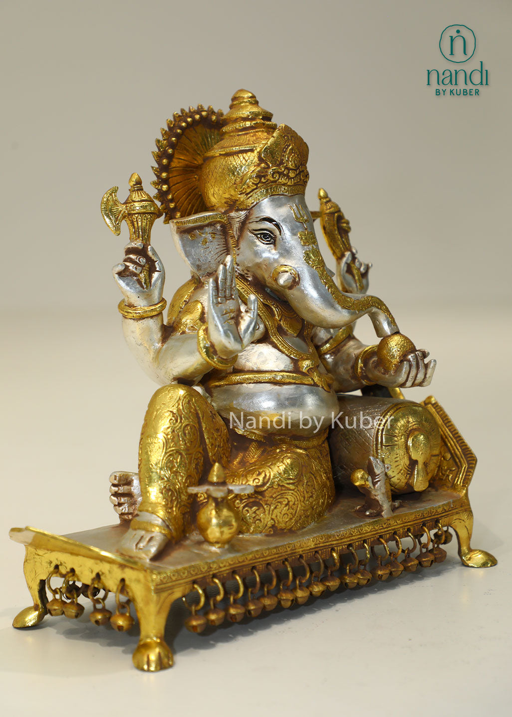 Brass reclining Ganesha idol handcrafted Lord Ganesh statue for home temple, puja room décor, spiritual gifting, Vastu decoration, Hindu religious collectible, and festive worship.