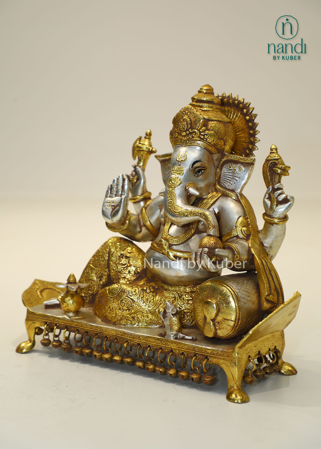 Brass reclining Ganesha idol handcrafted Lord Ganesh statue for home temple, puja room décor, spiritual gifting, Vastu decoration, Hindu religious collectible, and festive worship.