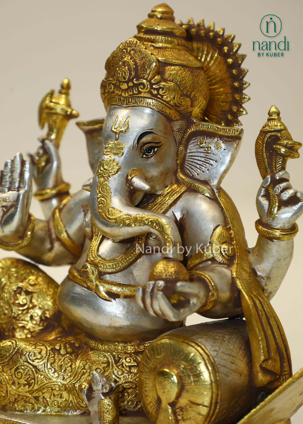 Brass reclining Ganesha idol handcrafted Lord Ganesh statue for home temple, puja room décor, spiritual gifting, Vastu decoration, Hindu religious collectible, and festive worship.