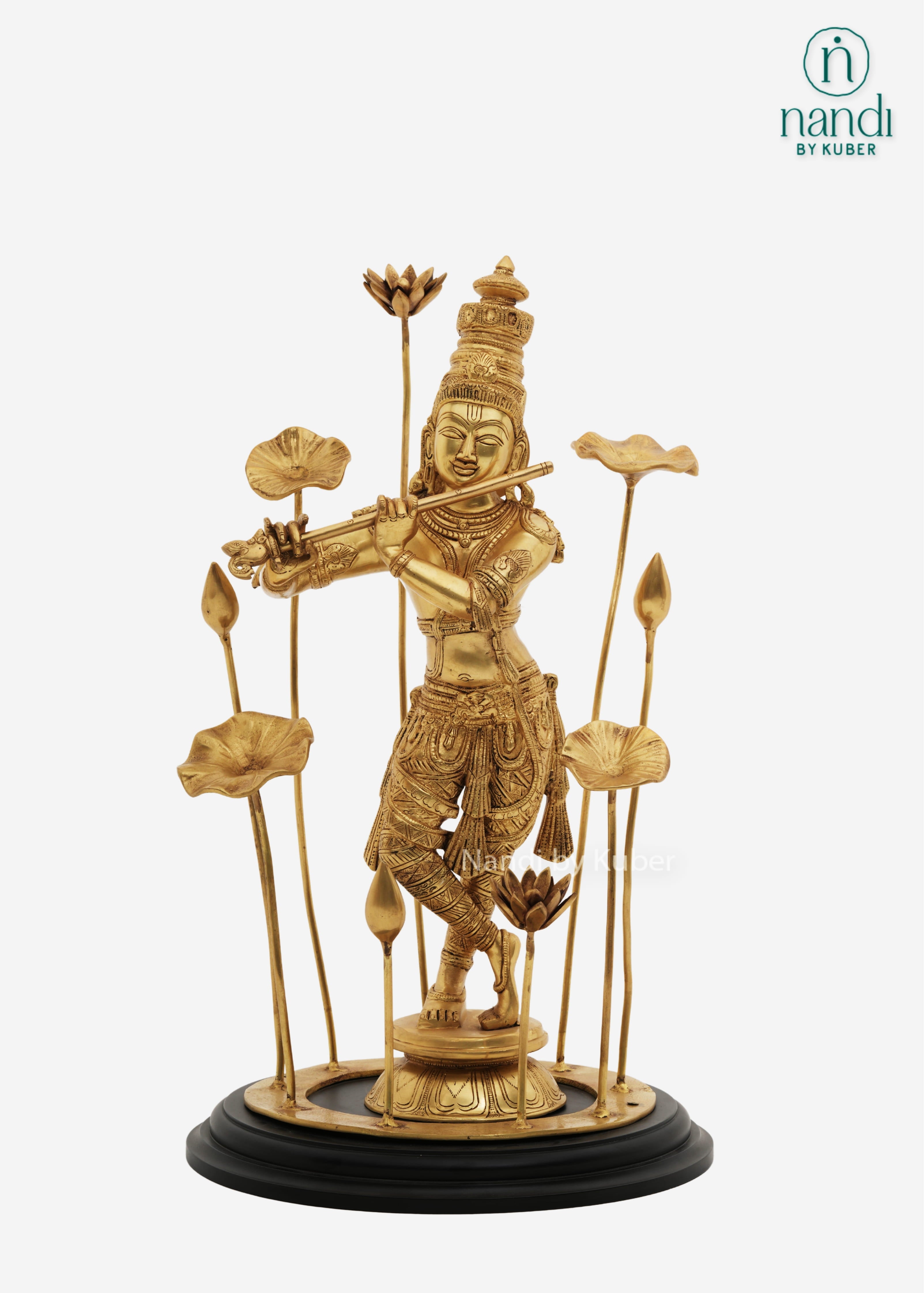 Brass Krishna flute idol with lotus decor