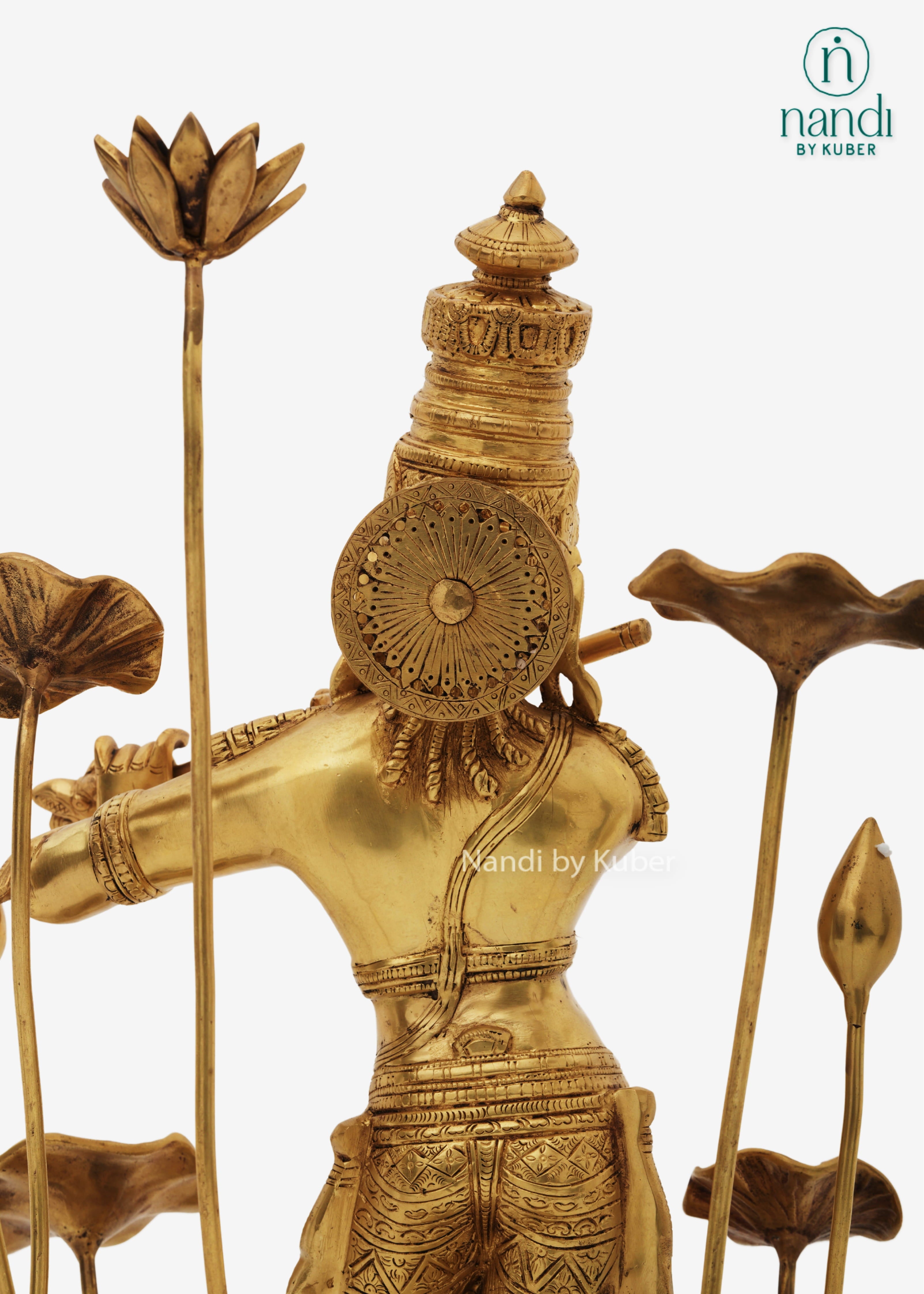 Brass Krishna flute idol with lotus decor