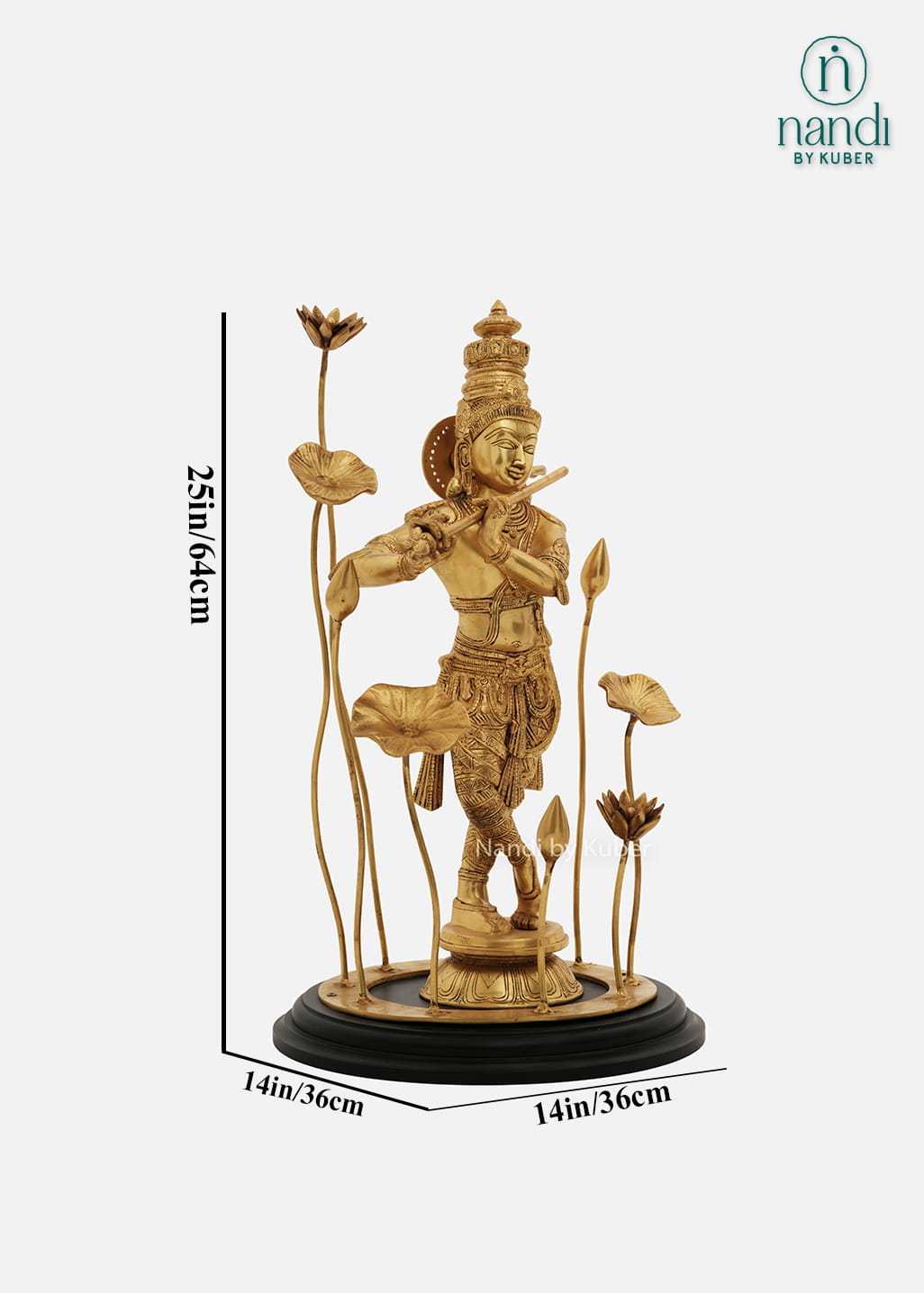 Brass Krishna flute idol with lotus decor