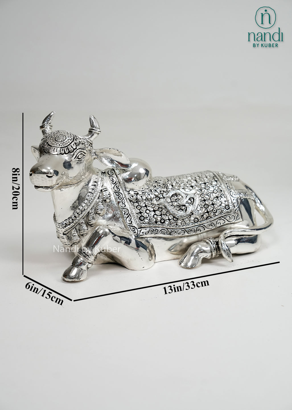 Silver Nandi bull statue with Om carving and intricate detailing