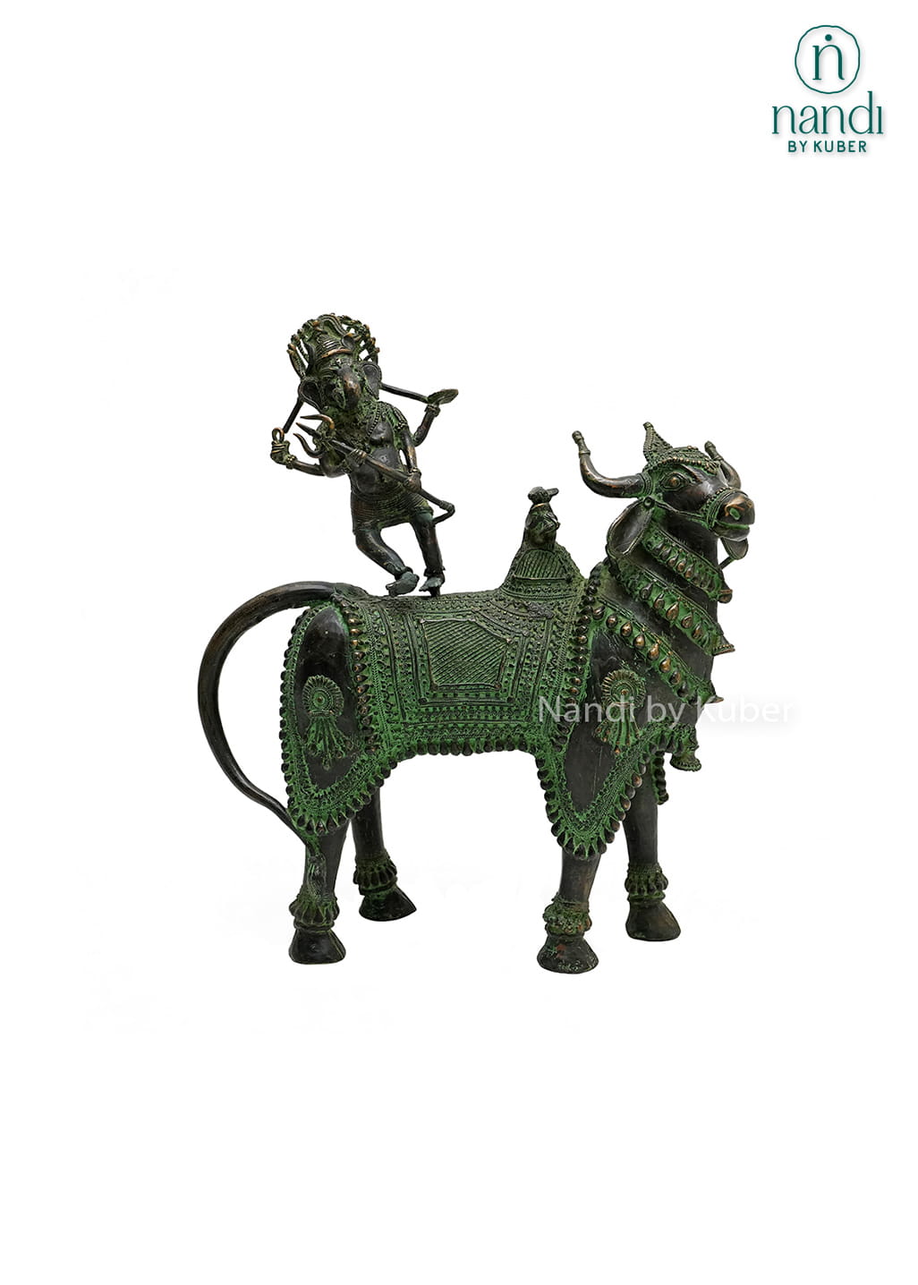 Decorative brass Nandi and Lord Ganesha sculpture with an antique green patina finish, symbolizing wisdom, devotion, and spiritual strength.