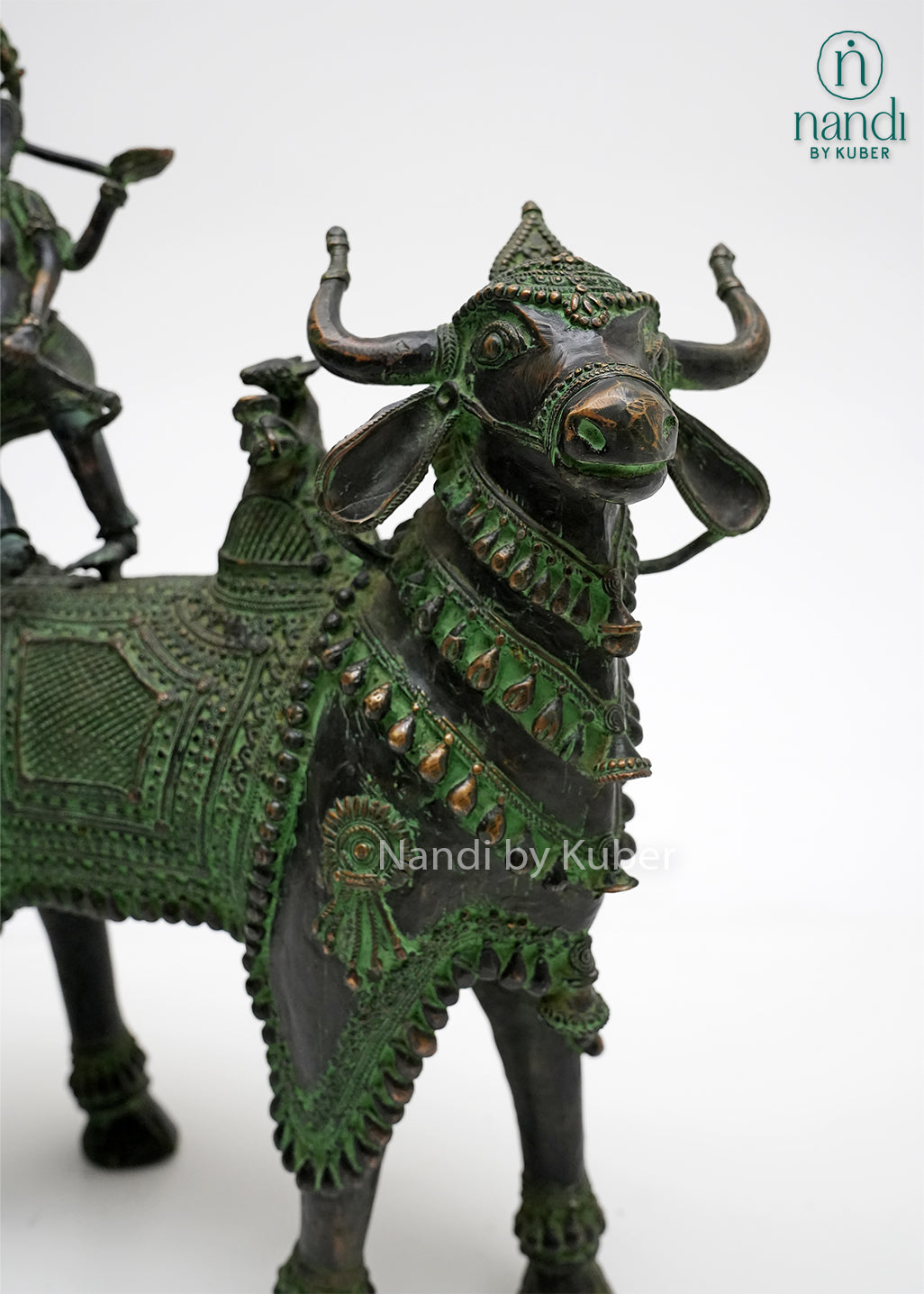 Decorative brass Nandi and Lord Ganesha sculpture with an antique green patina finish, symbolizing wisdom, devotion, and spiritual strength.