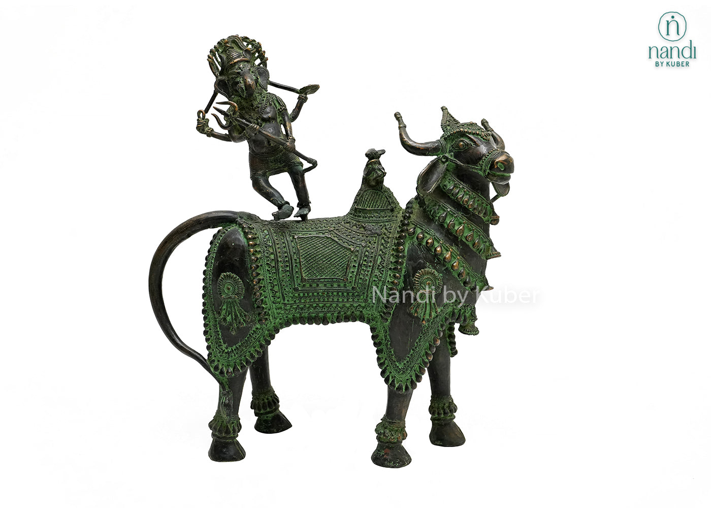 Decorative brass Nandi and Lord Ganesha sculpture with an antique green patina finish, symbolizing wisdom, devotion, and spiritual strength.