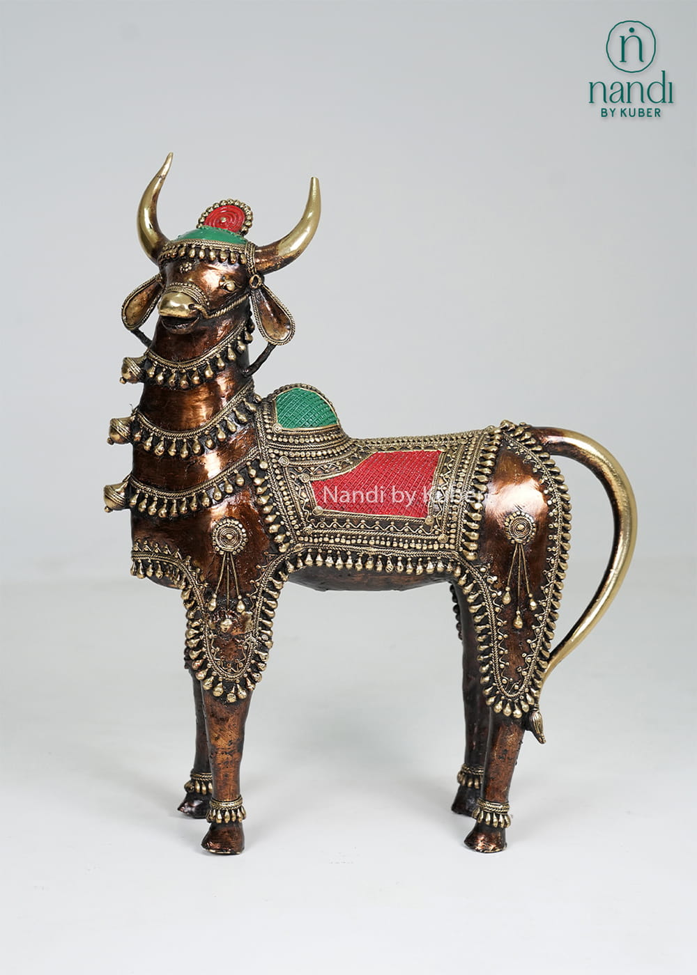 Brass Nandi standing statue with Bastar art-inspired tribal detailing