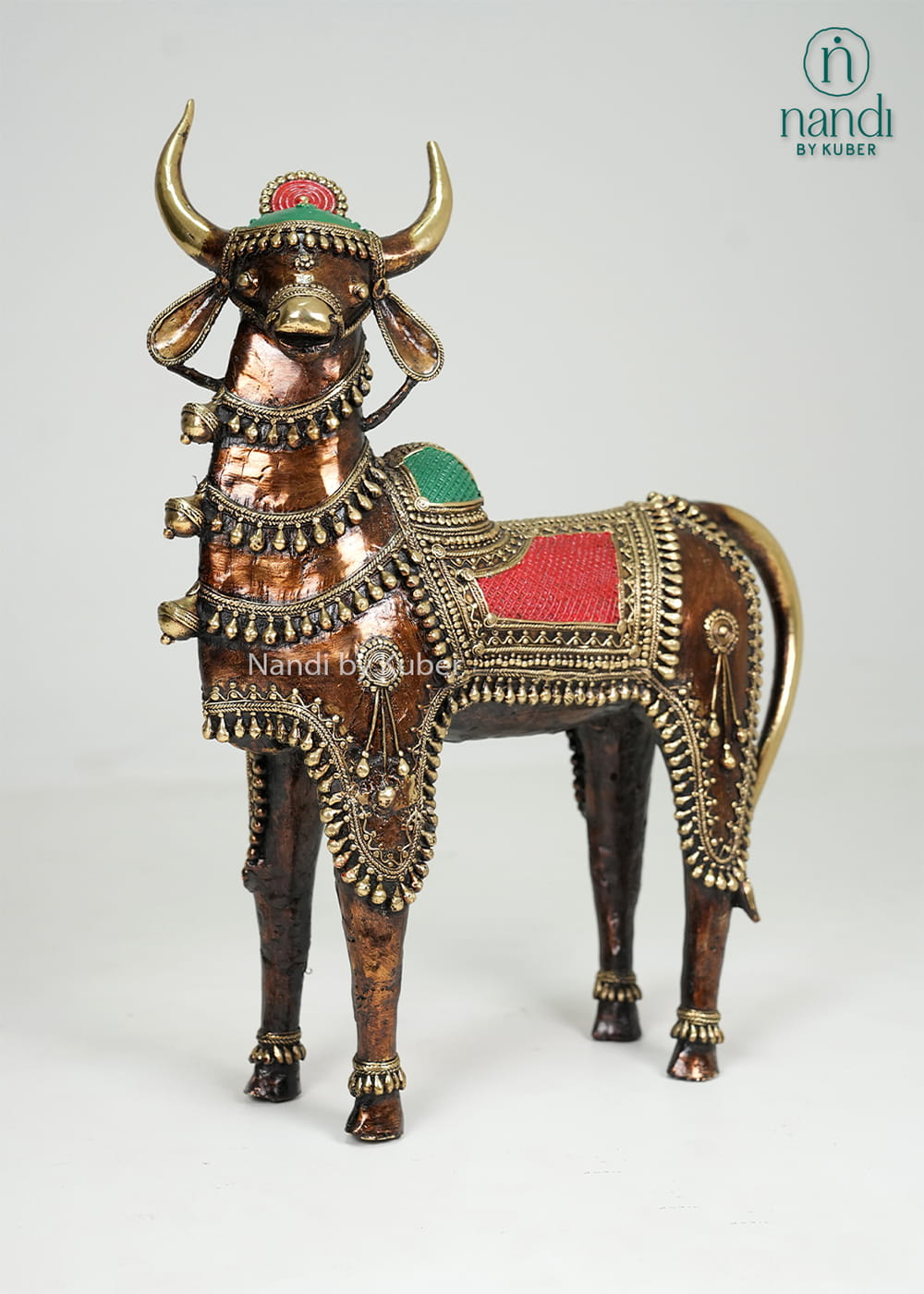 Brass Nandi standing statue with Bastar art-inspired tribal detailing