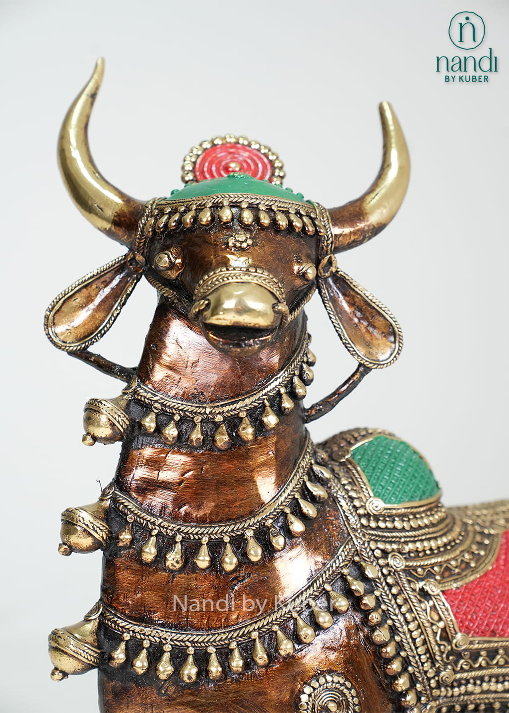 Brass Nandi standing statue with Bastar art-inspired tribal detailing