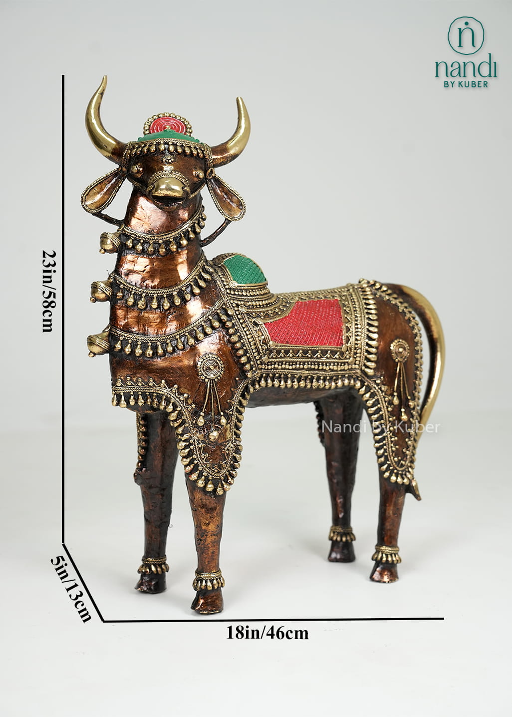 Brass Nandi standing statue with Bastar art-inspired tribal detailing