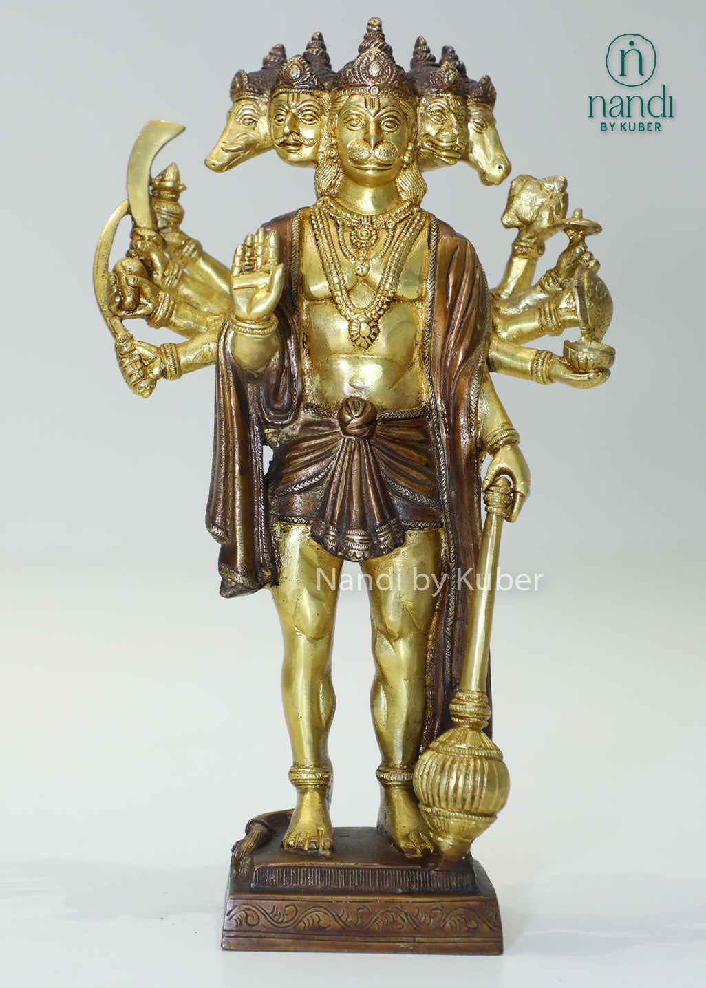 Intricately crafted Panchmukhi Hanuman statue in brass finish, symbolizing strength, protection, and devotion while enhancing any sacred or decorative space.