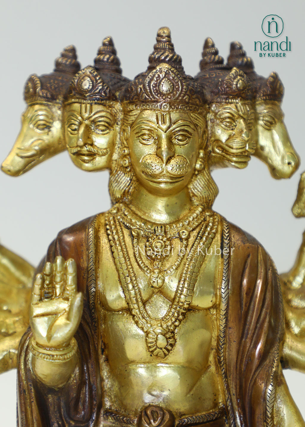 Intricately crafted Panchmukhi Hanuman statue in brass finish, symbolizing strength, protection, and devotion while enhancing any sacred or decorative space.