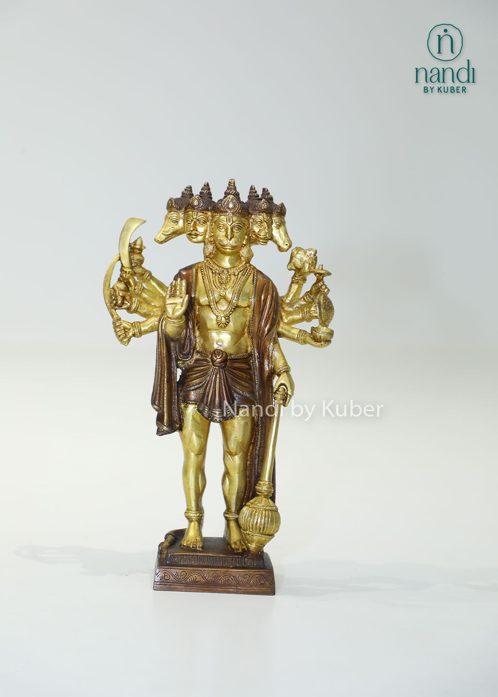 Intricately crafted Panchmukhi Hanuman statue in brass finish, symbolizing strength, protection, and devotion while enhancing any sacred or decorative space.