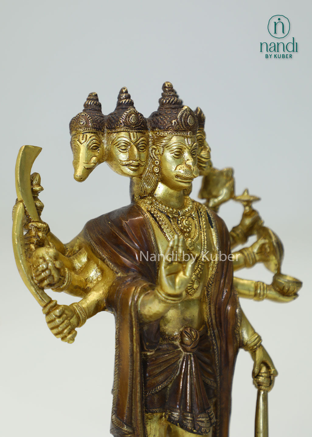 Intricately crafted Panchmukhi Hanuman statue in brass finish, symbolizing strength, protection, and devotion while enhancing any sacred or decorative space.