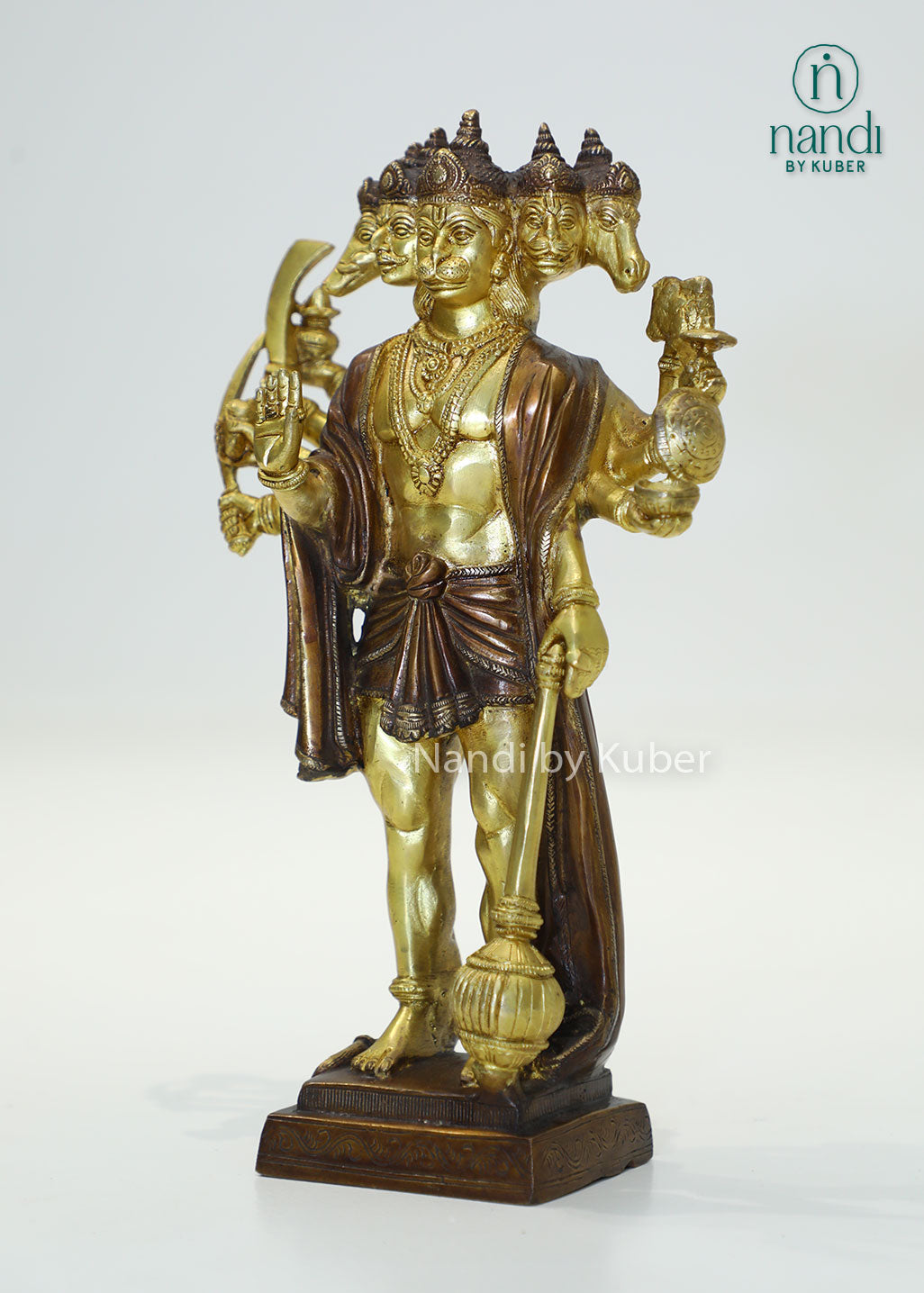 Intricately crafted Panchmukhi Hanuman statue in brass finish, symbolizing strength, protection, and devotion while enhancing any sacred or decorative space.
