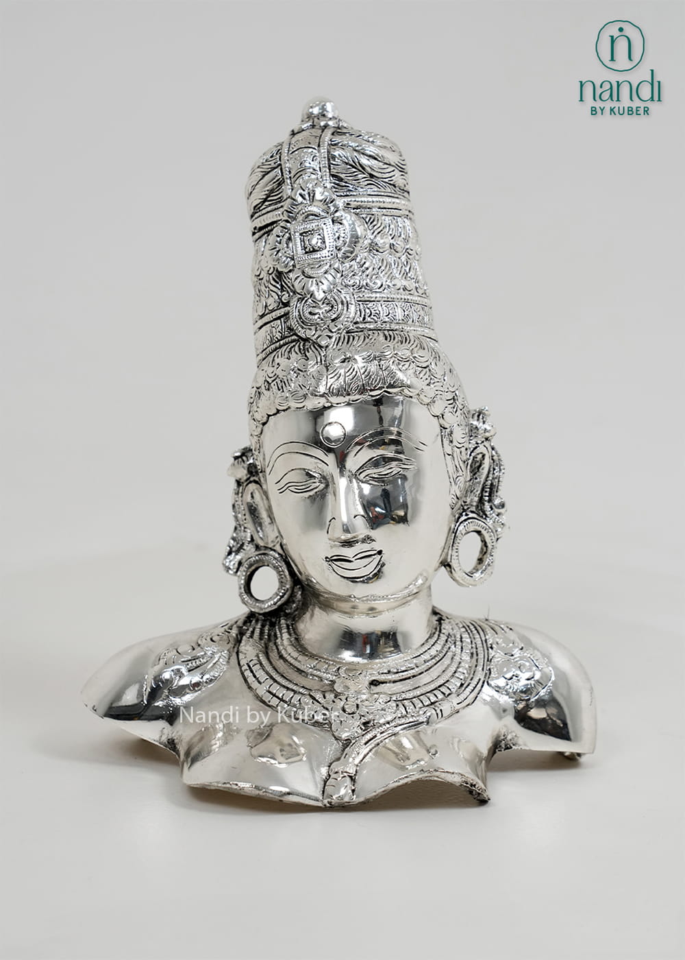 Silver Goddess Parvati bust with intricate crown detailing
