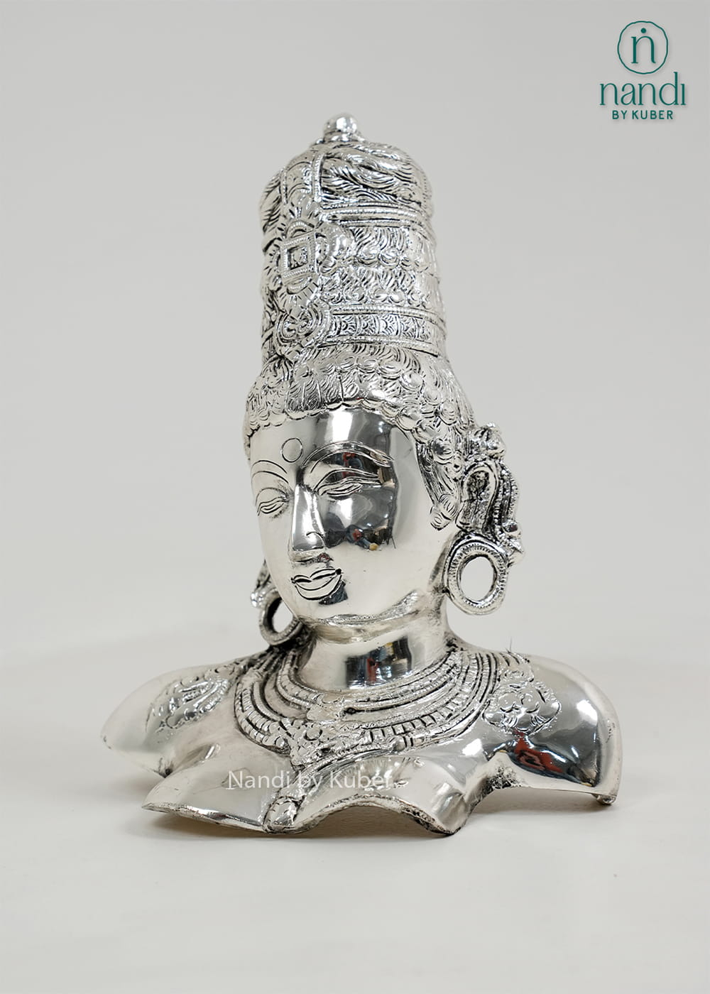 Silver Goddess Parvati bust with intricate crown detailing