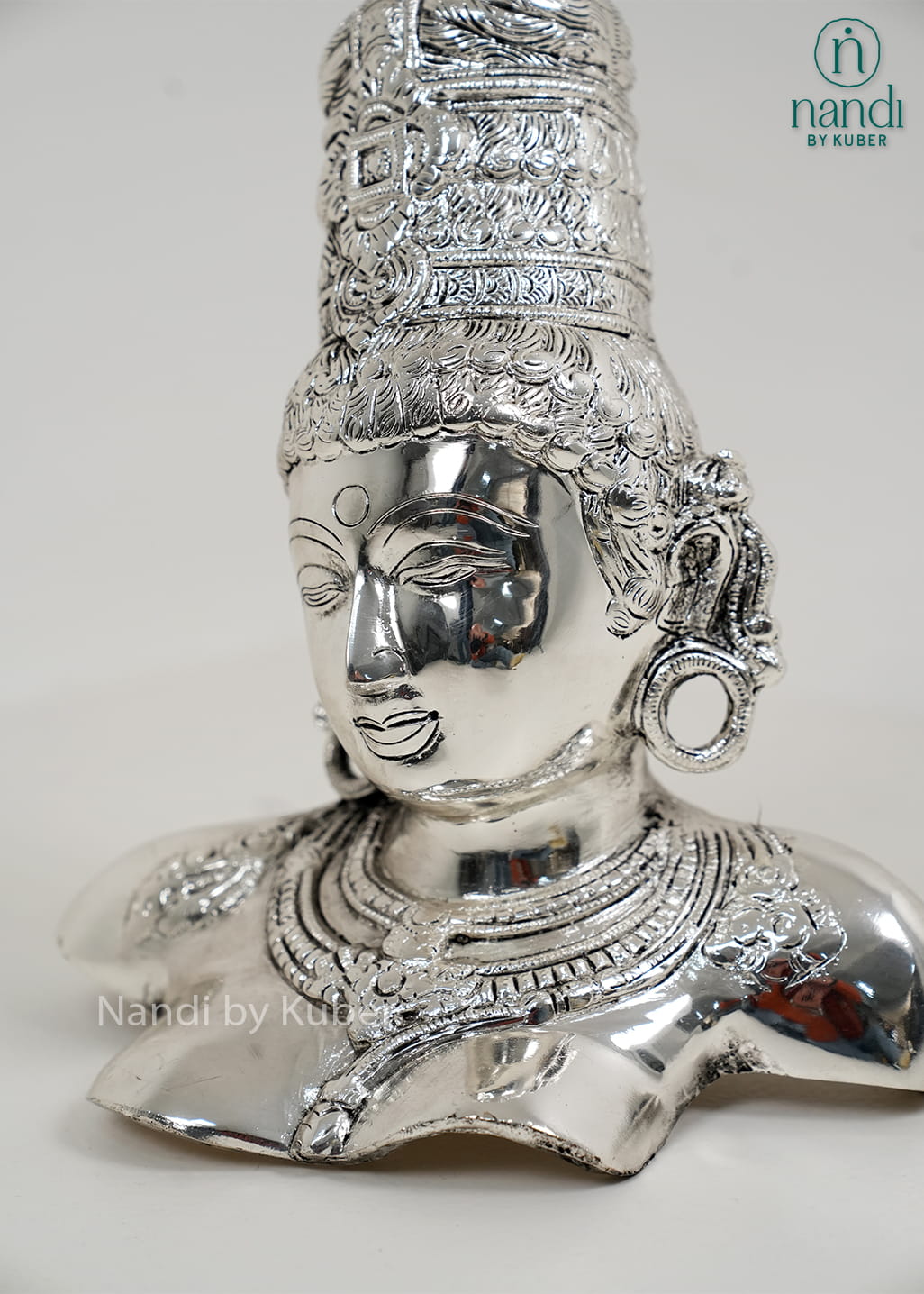 Silver Goddess Parvati bust with intricate crown detailing