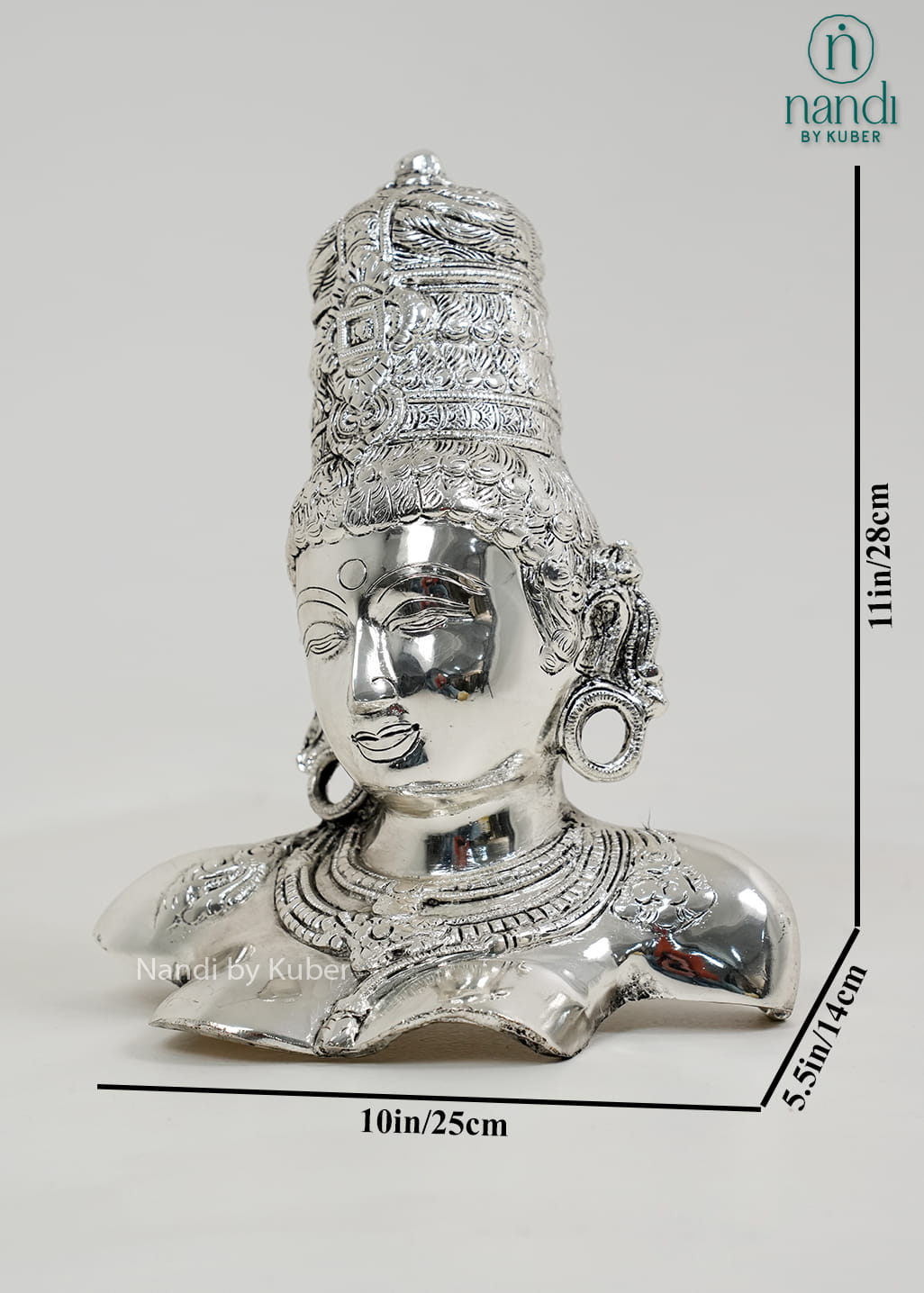Silver Goddess Parvati bust with intricate crown detailing