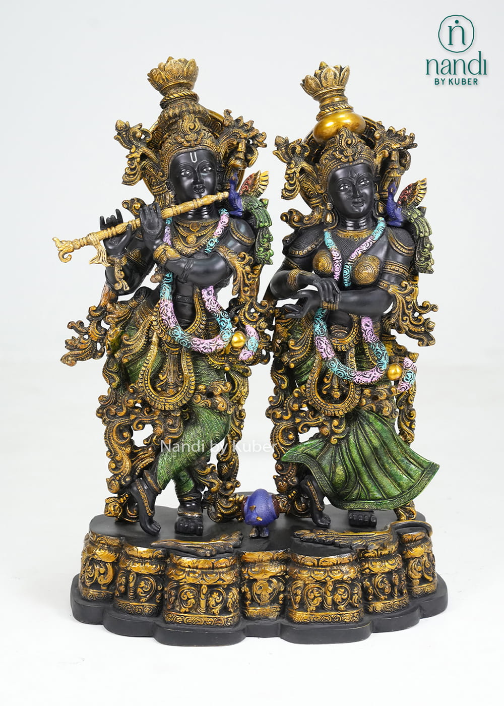 Brass Radha Krishna idol set with flute, ornate detailing, and multicolor accents