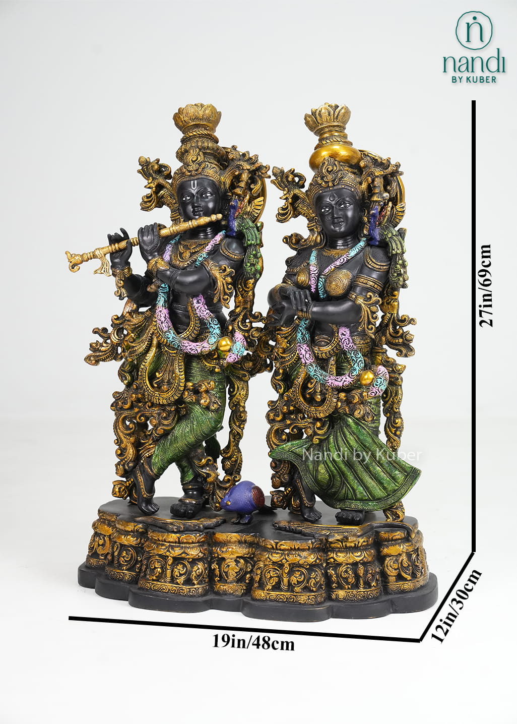 Brass Radha Krishna idol set with flute, ornate detailing, and multicolor accents