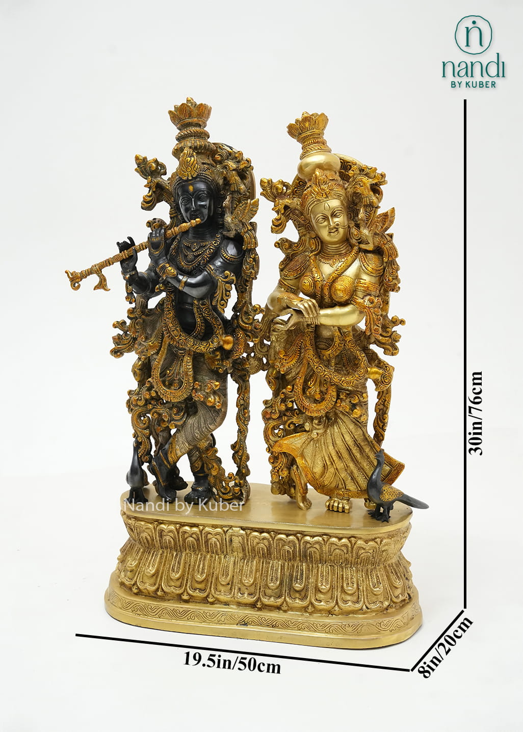 Decorative three-tone brass Radha Krishna statue on a lotus pedestal, beautifully crafted to symbolize love, devotion, and harmony.
