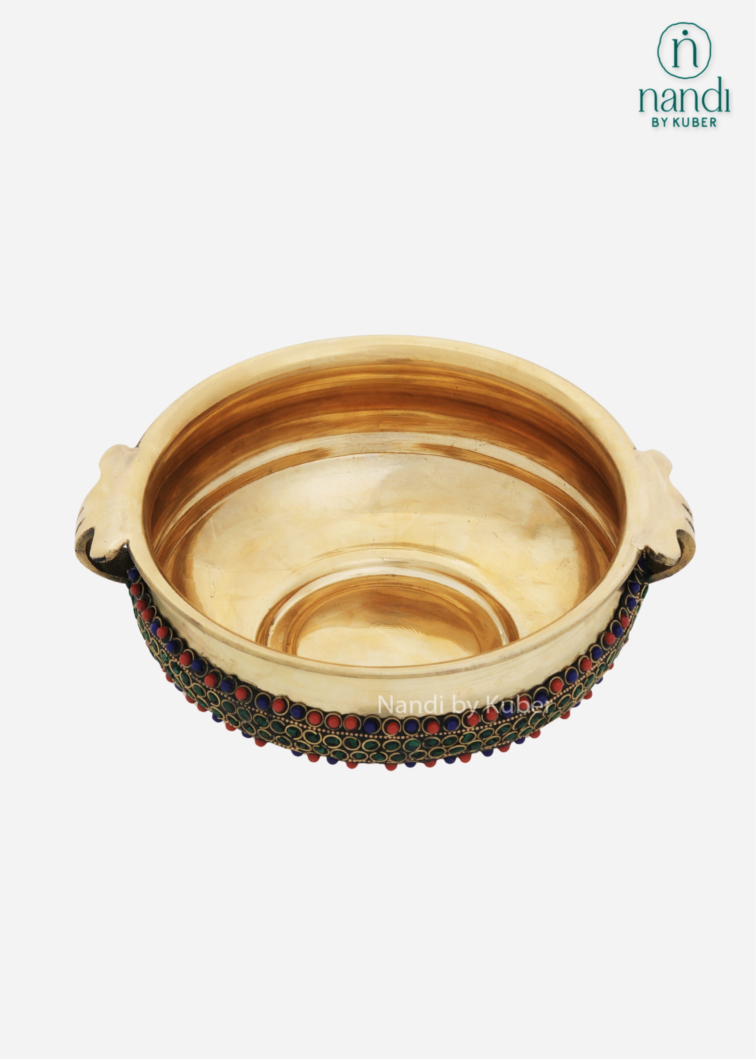Brass decorative urli bowl with colorful stone detailing and side handles