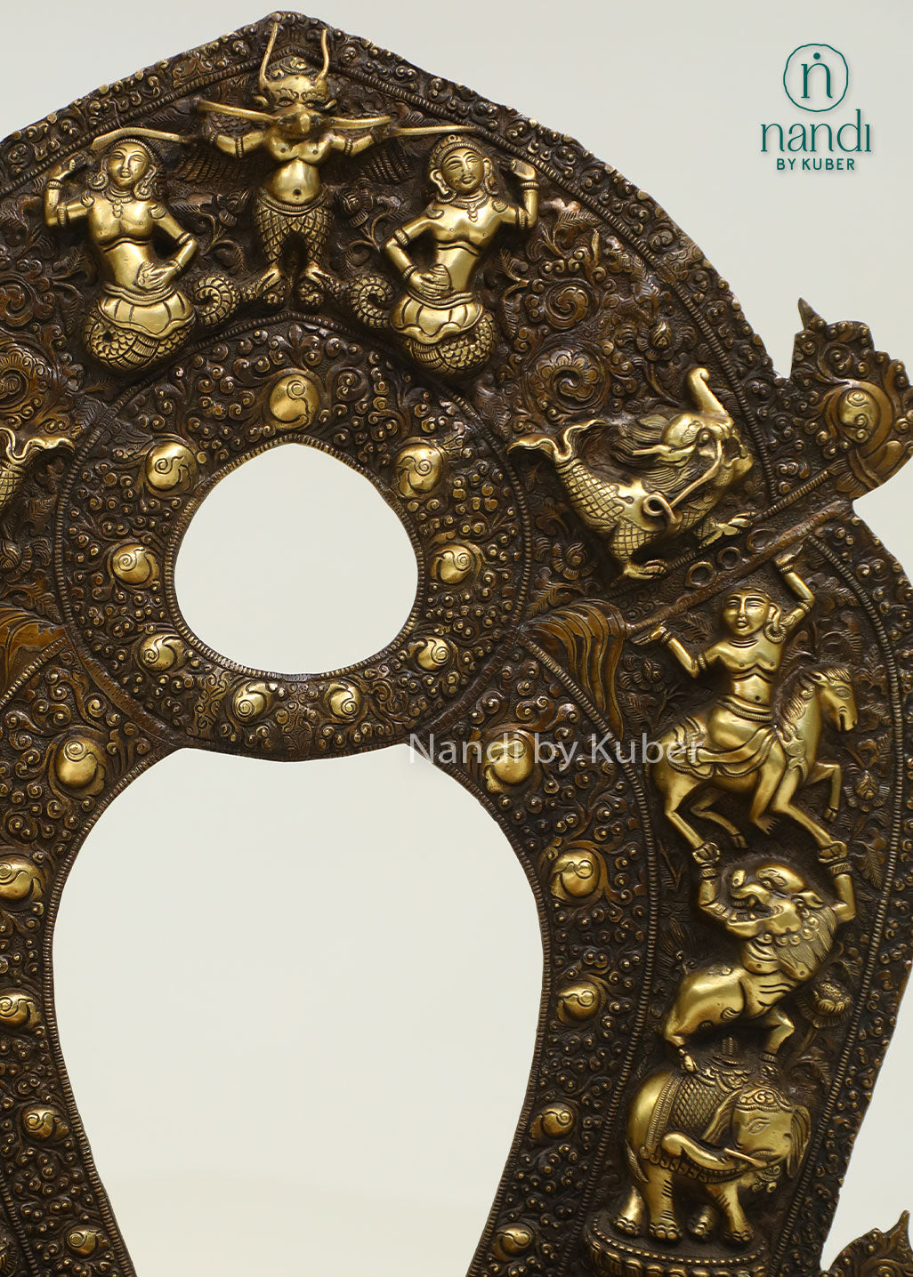 Intricately crafted brass sinhasan with an ornate arched design, perfect for displaying Buddha statues and enhancing sacred spaces with timeless elegance.