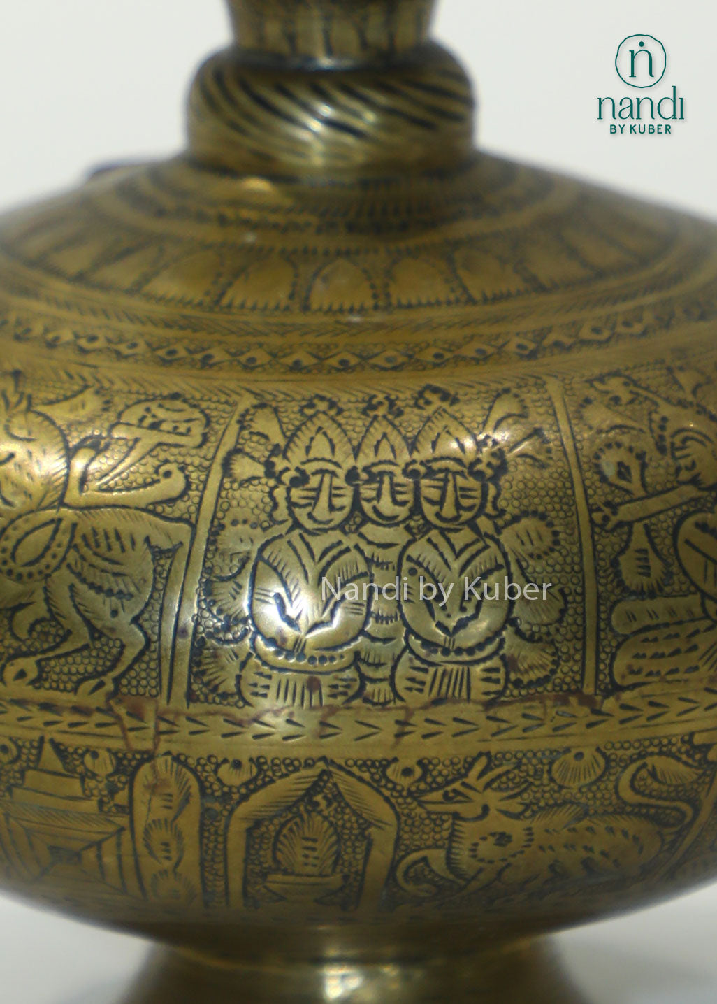 Antique engraved brass surahi vase, traditional Indian decorative metal vase for home décor, tabletop styling, vintage interiors, floral arrangements, heritage décor, and elegant gifting.