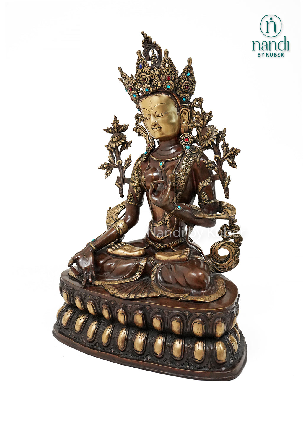 Antique brass Tara sitting statue with ornate crown, lotus pedestal, and intricate handcrafted detailing, ideal for spiritual décor, meditation spaces, and home temple decoration.