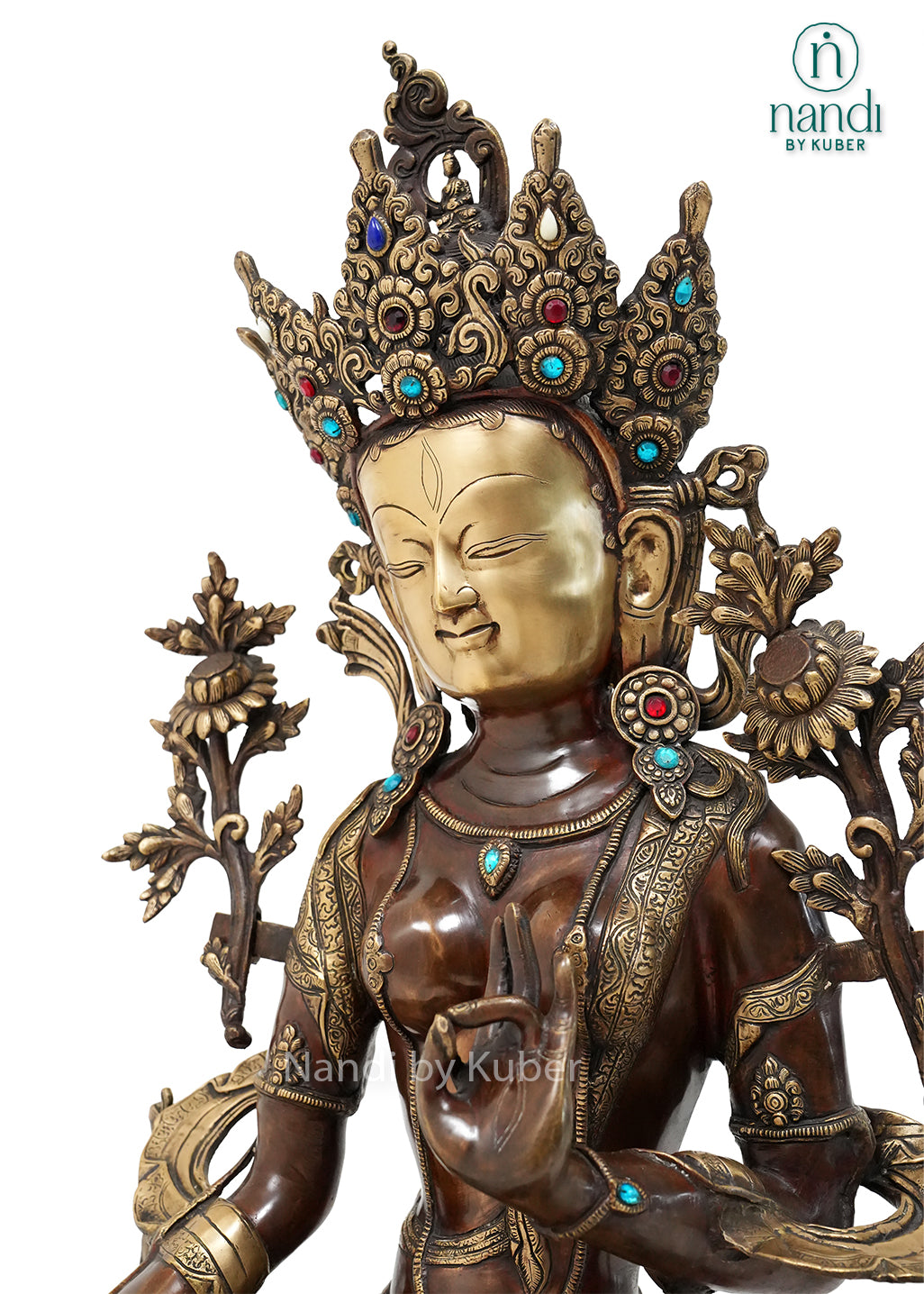 Antique brass Tara sitting statue with ornate crown, lotus pedestal, and intricate handcrafted detailing, ideal for spiritual décor, meditation spaces, and home temple decoration.