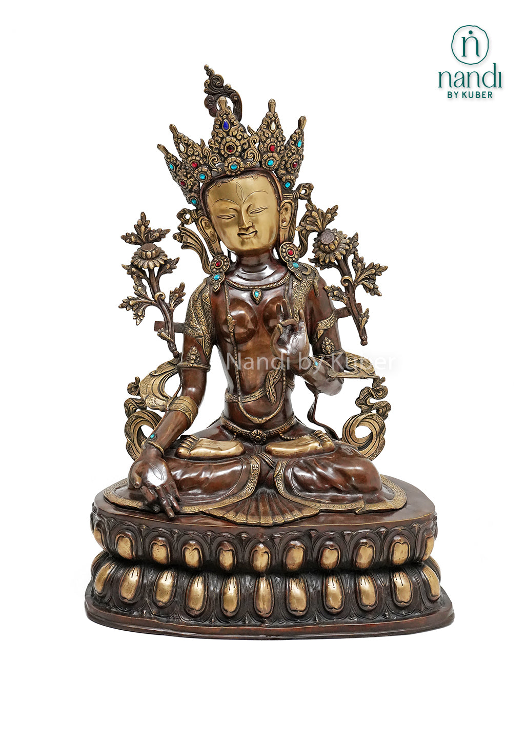 Antique brass Tara sitting statue with ornate crown, lotus pedestal, and intricate handcrafted detailing, ideal for spiritual décor, meditation spaces, and home temple decoration.