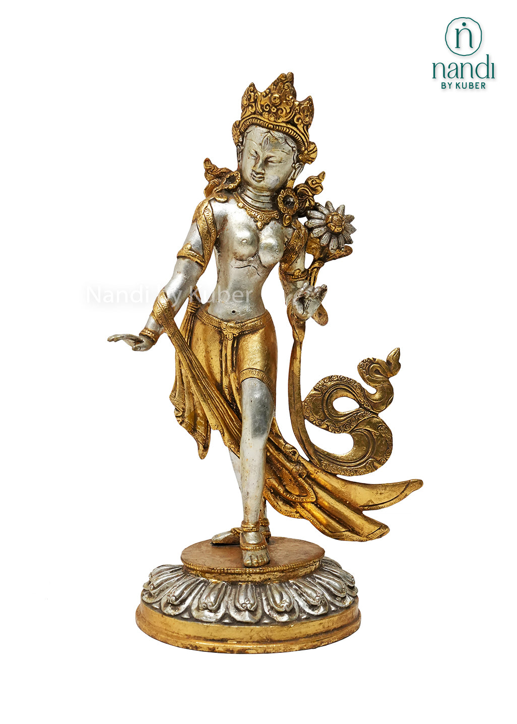 Elegant Tara standing statue in silver and gold finish, symbolizing compassion, wisdom, and serenity while enhancing any sacred or decorative space.