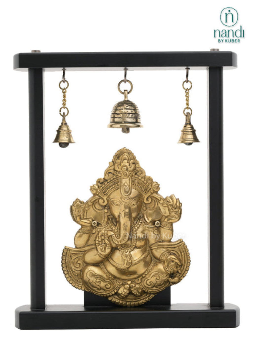 Brass Ganesha idol with hanging bells on a black wooden stand