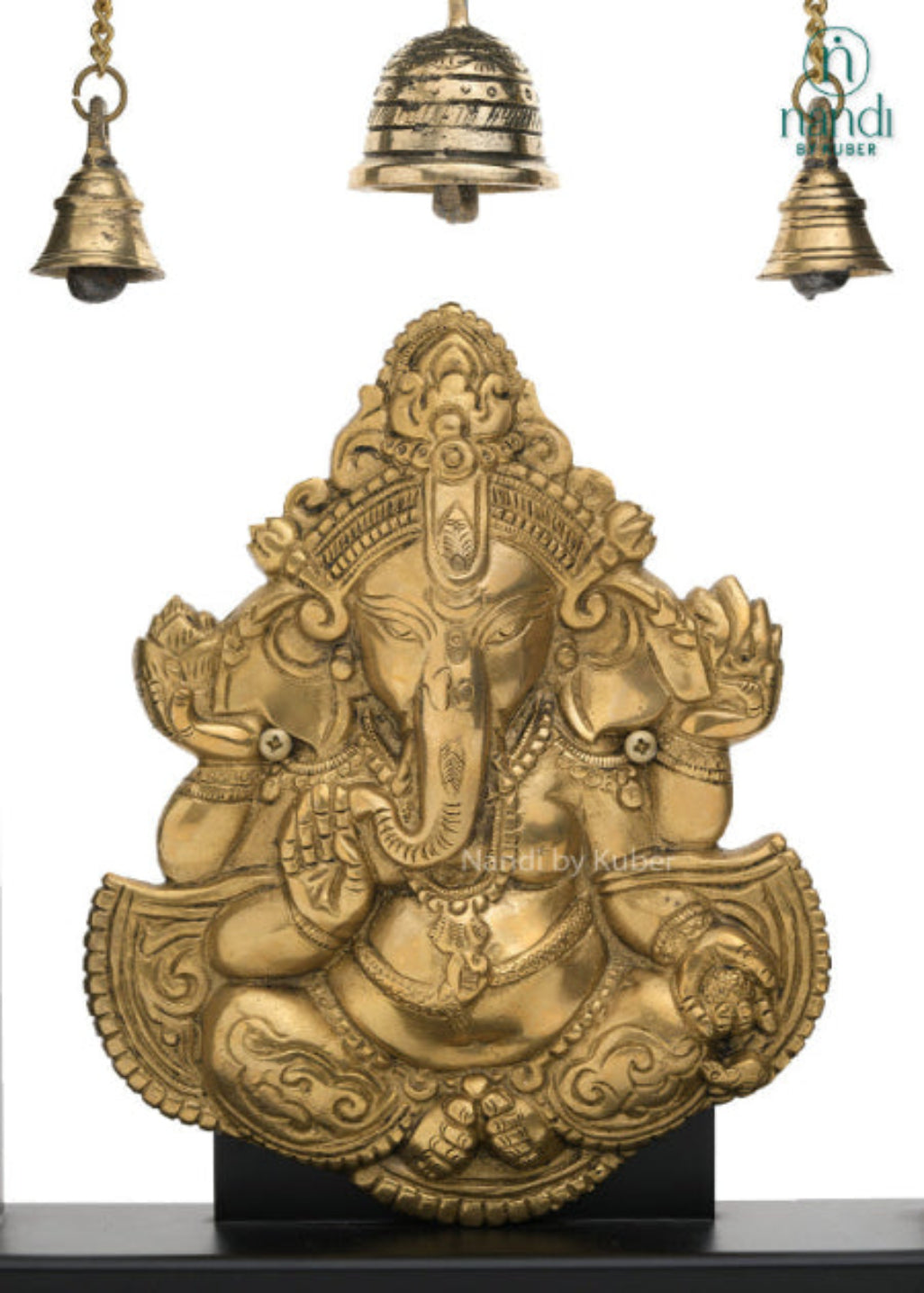 Brass Ganesha idol with hanging bells on a black wooden stand