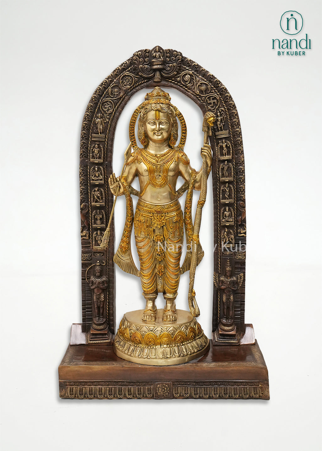 Handcrafted three-tone brass Lord Ram idol with bow and arrow under an intricately carved temple arch, featuring traditional Hindu artistry, ideal for home temples, spiritual décor, devotional worship, and religious gifting.