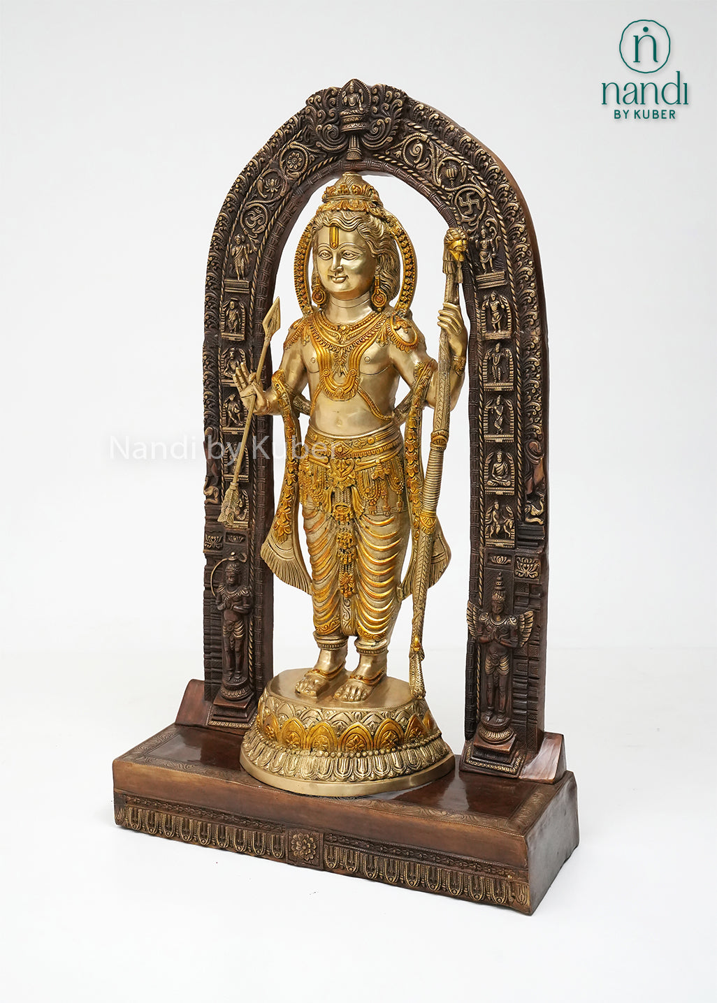 Handcrafted three-tone brass Lord Ram idol with bow and arrow under an intricately carved temple arch, featuring traditional Hindu artistry, ideal for home temples, spiritual décor, devotional worship, and religious gifting.