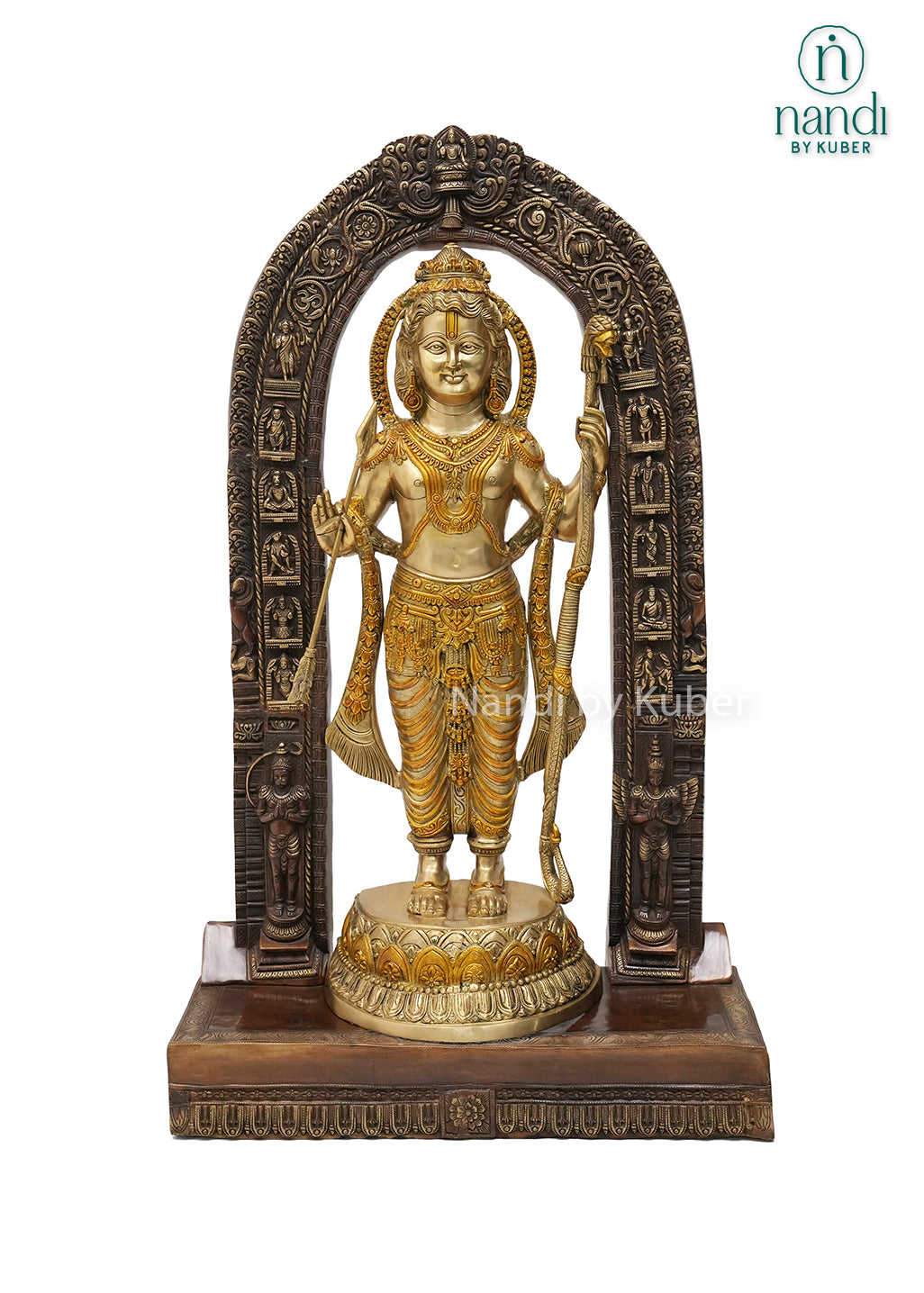Handcrafted three-tone brass Lord Ram idol with bow and arrow under an intricately carved temple arch, featuring traditional Hindu artistry, ideal for home temples, spiritual décor, devotional worship, and religious gifting.
