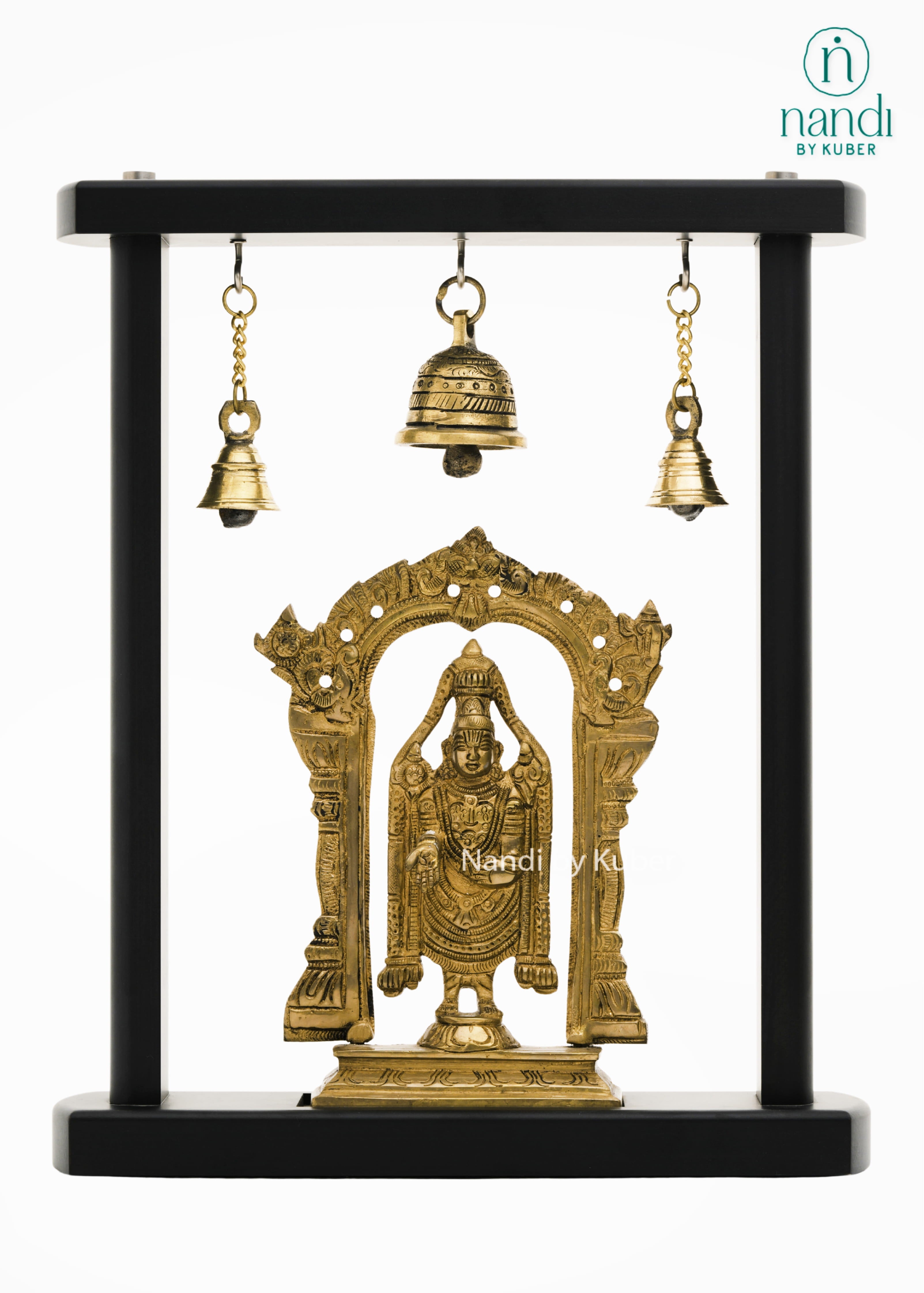 Brass Tirupati Balaji idol with hanging bells frame