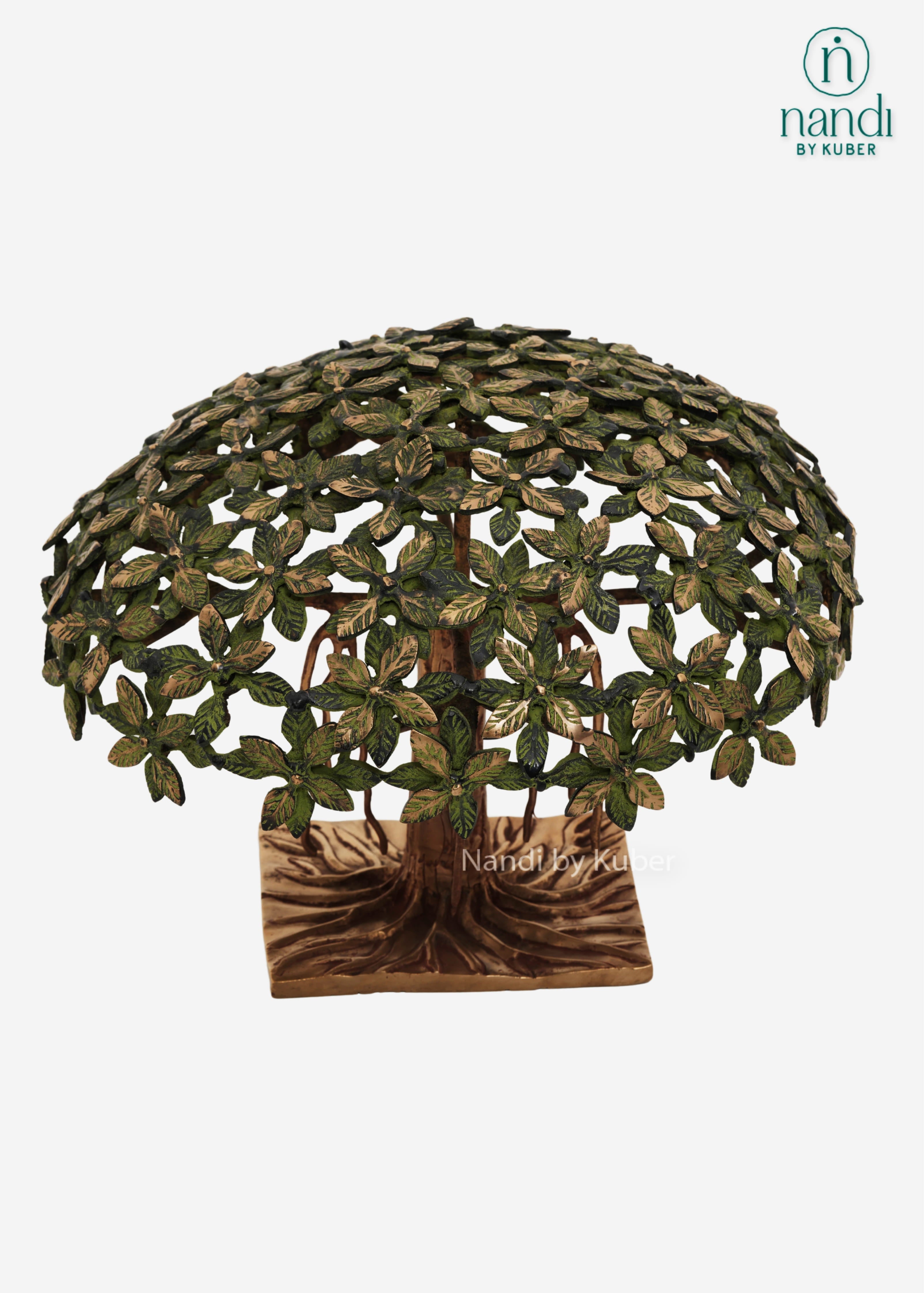 Decorative handcrafted brass tree sculpture with intricate leaf and root detailing