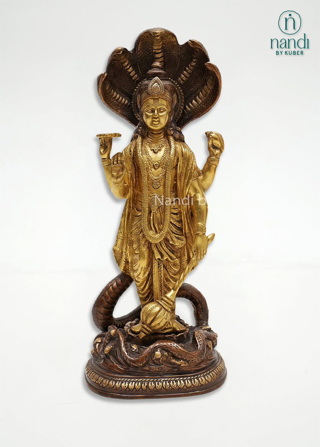 Handcrafted two-tone brass Vishnu idol with Sheshnag canopy, ornate carvings, and antique finish, ideal for pooja rooms, temples, spiritual décor, and traditional Indian home interiors.